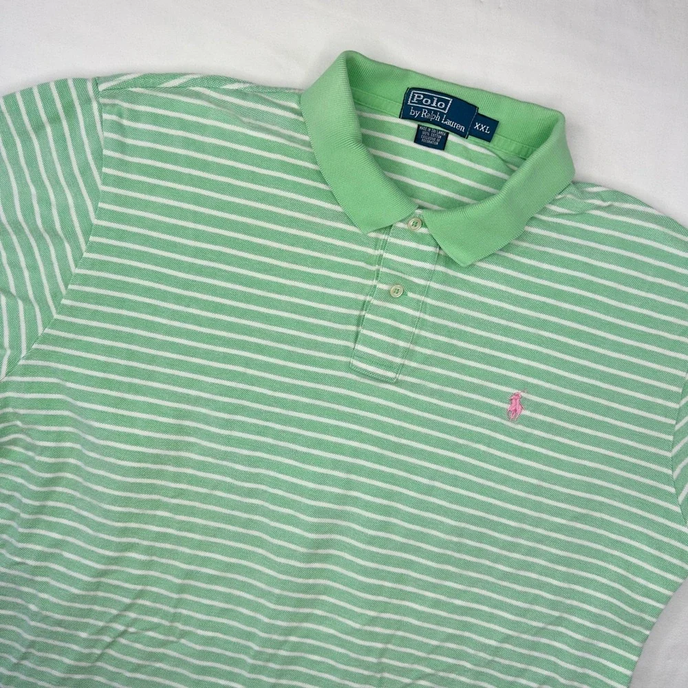 Polo Ralph Lauren Shirt Men's XXL Vintage Golf Green White Stripe Polo Pink Pony